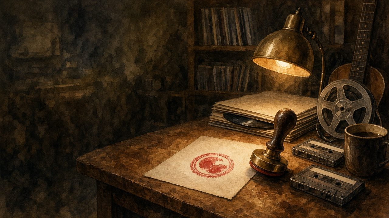 Watercolor of a label desk under a brass lamp: a seal stamp beside a red seal impression, records, cassettes, a tape reel and a mug.