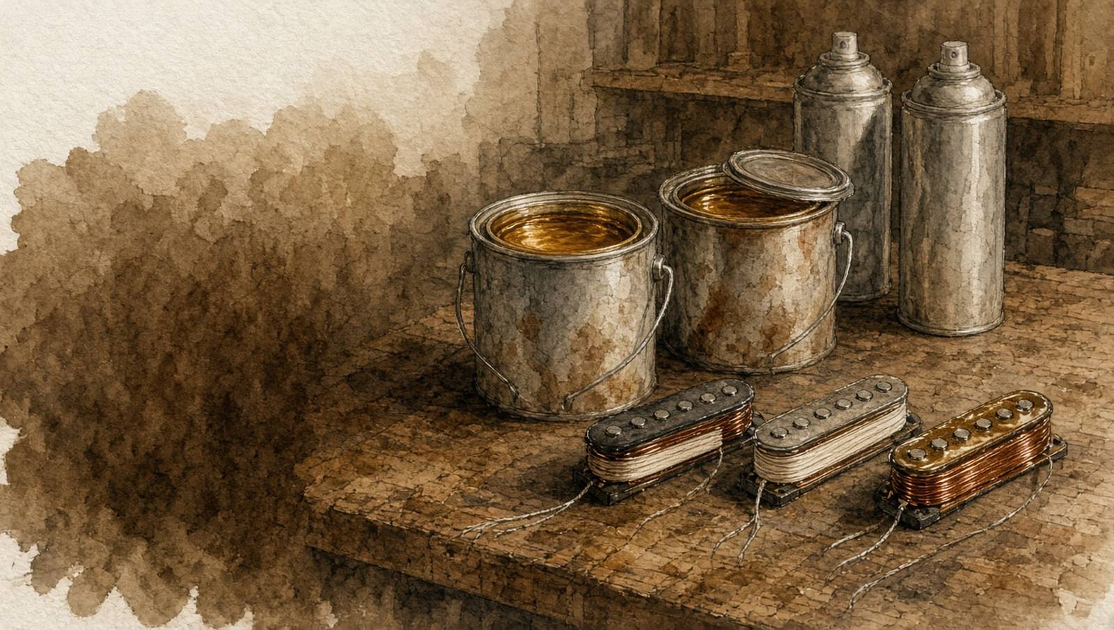 Watercolor still life on a workbench: quart cans of lacquer and shellac, spray cans, and three hand-wound single-coil pickups.